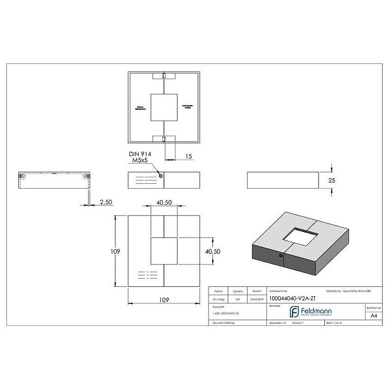 Rosace de recouvrement, 109x109x25mm, carré, en deux parties, V2A