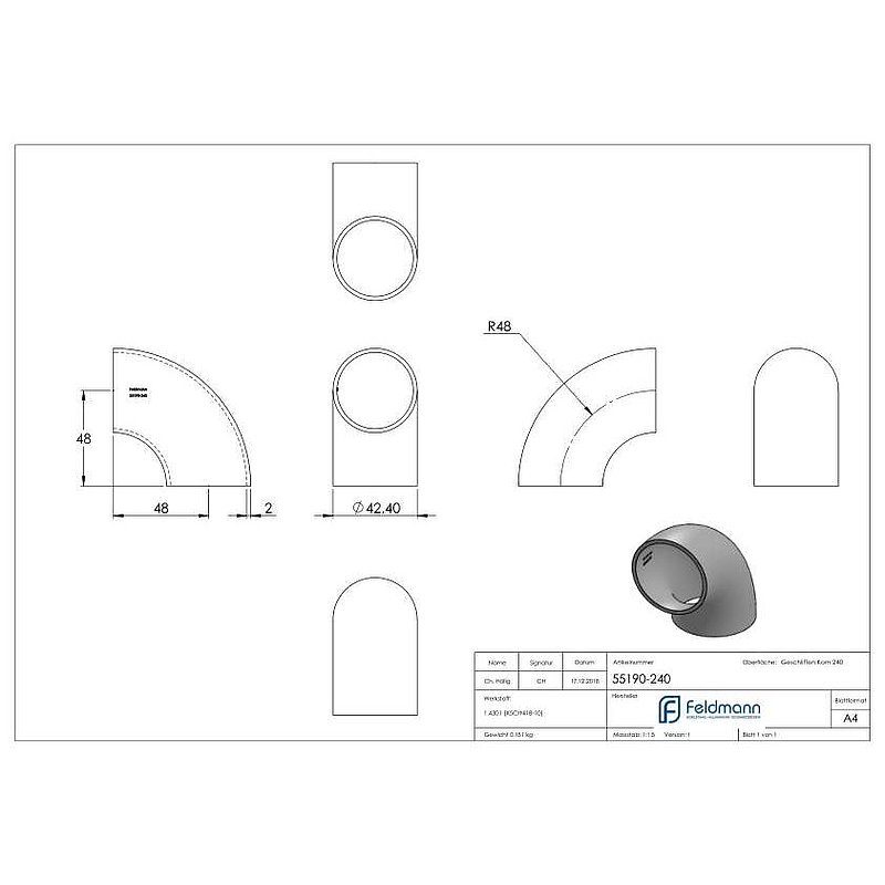 Welding elbow 90°, 42,4x2,0mm, AISI304