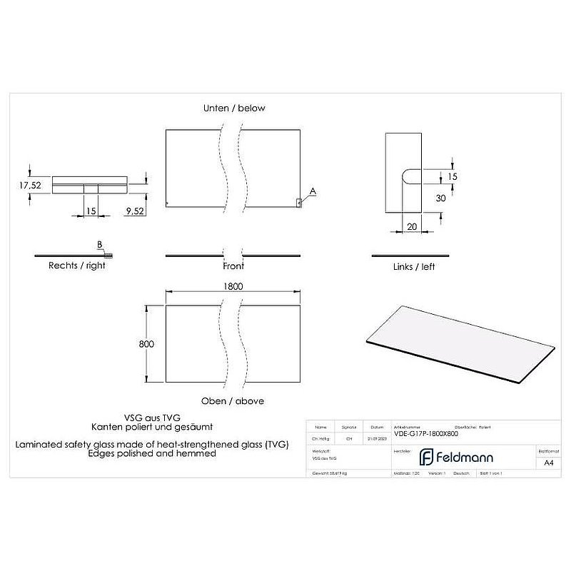 Eleganza canopy glass: 1800x800mm VSG made of 2x8mm TVG with 1,52mm PVB