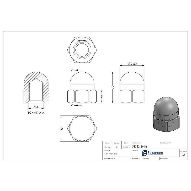 Écrou hexagonal borgne M6, DIN 1587, V2A