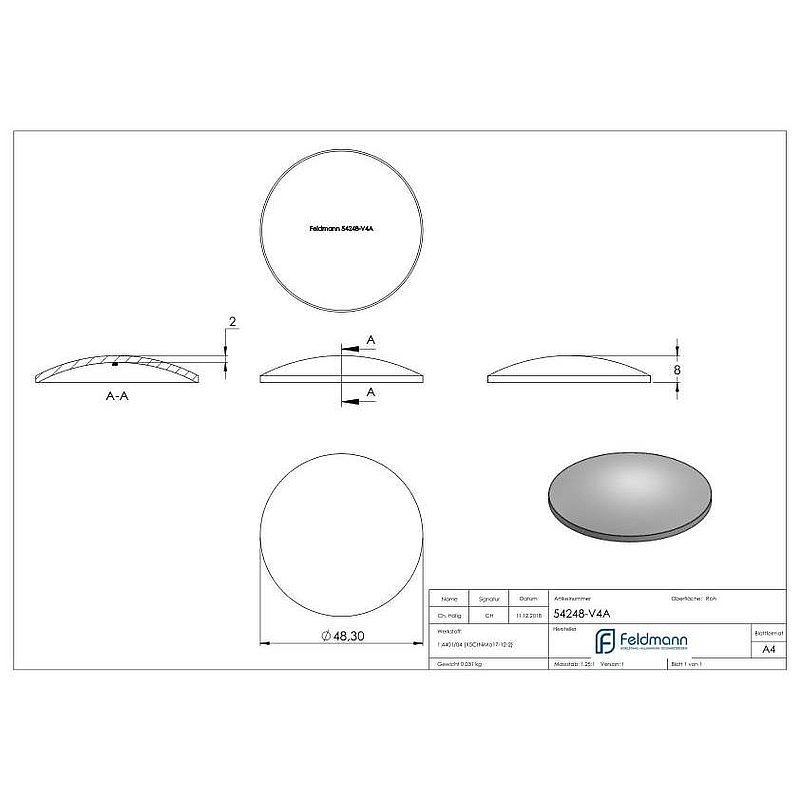 Gewölbte Schale Ø 48,3x2,0mm, H: 8mm, V4A