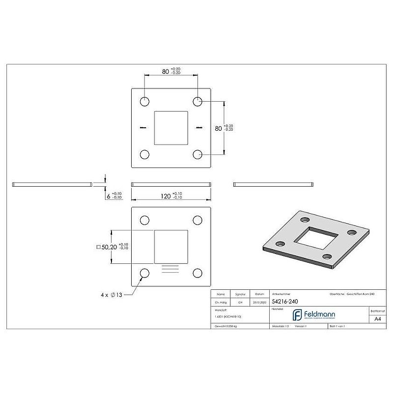 Plaque d'ancrage, 120x120x6mm, avec ponçage longitudinal, V2A