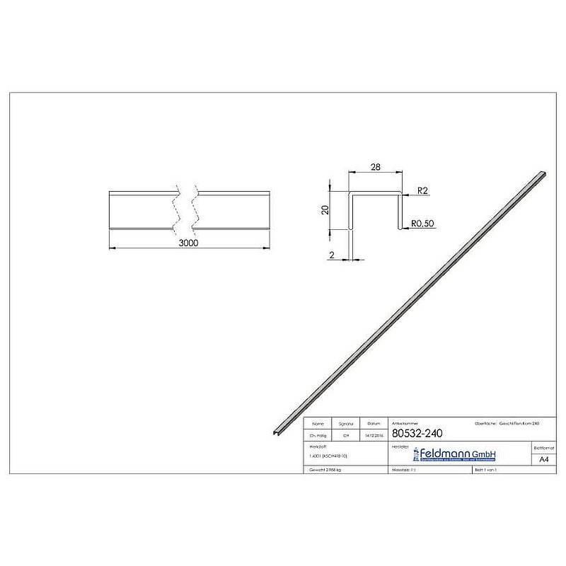 Stainless steel U-profile, 28x20x2mm, L: 3000mm, AISI304