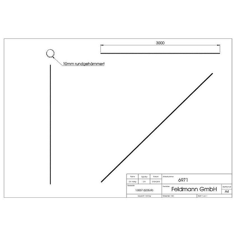 Round bar S235JR, 10mm, L: 3000mm