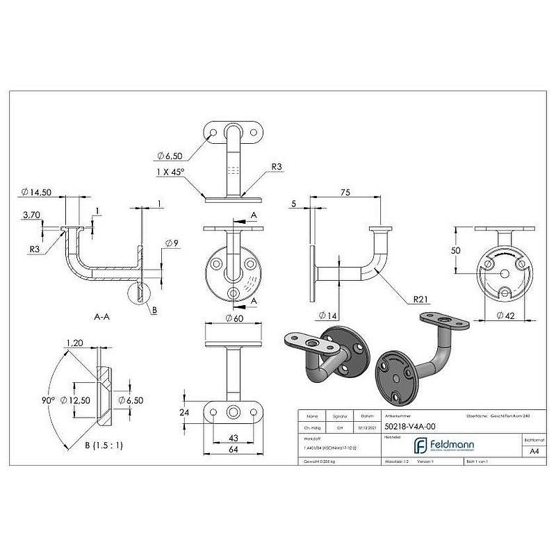 Handrail holder with cable gland for LED handrails, AISI316