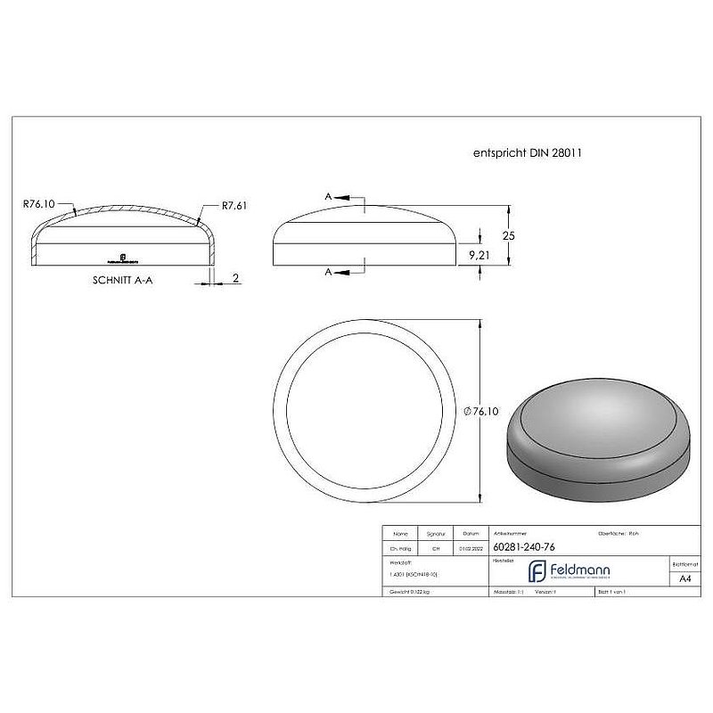 Fond bombé 76,1x2,0mm, DIN 28011, V2A
