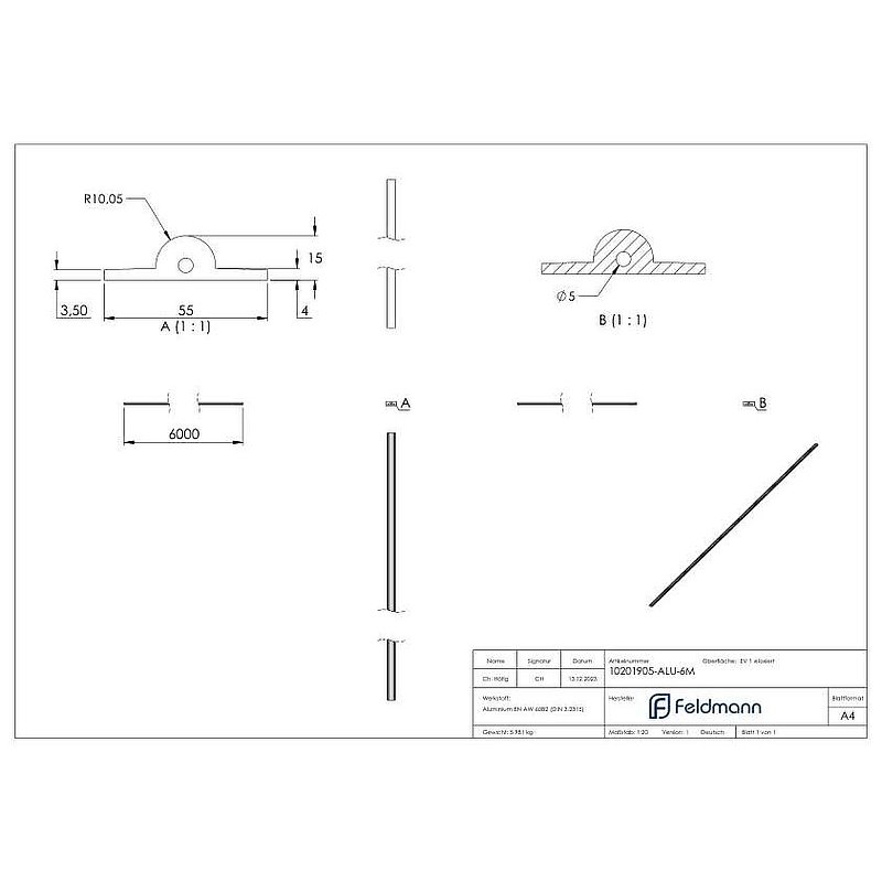 screw-on floor track without boreholes, Ø top: 19mm, L: 6m, aluminium