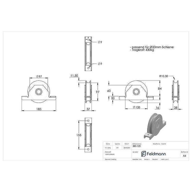 Schiebetorrolle mit Rundrille, Ø 120mm, für Schiene Ø 20mm, 2 Kugellager, verzinkt
