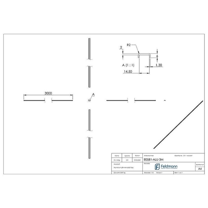 Kantenschutz EXTRA SLIM, für Glas 12,00 - 13,52mm, L: 3000mm, Aluminium E4/EV1