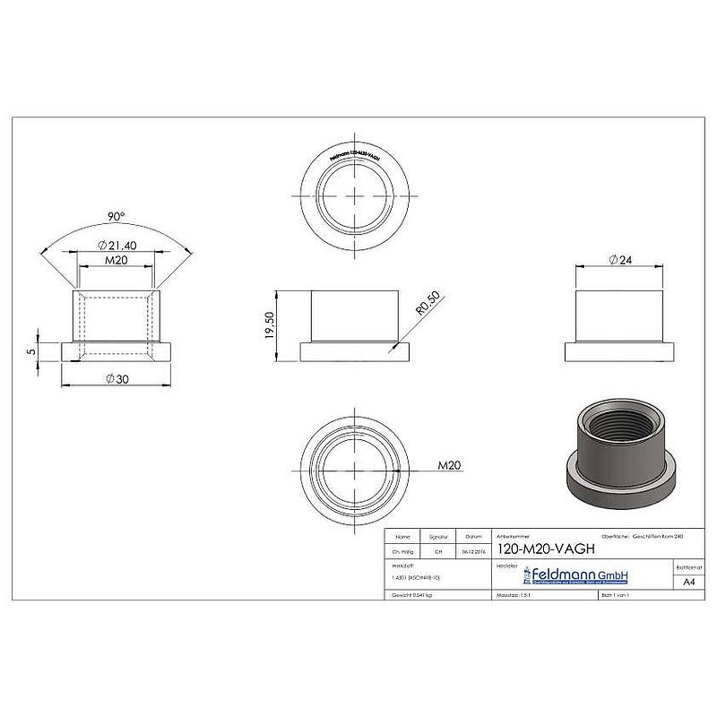 Douille taraudée, adapté au gond 120-M20-VA, pour tube plat, V2A