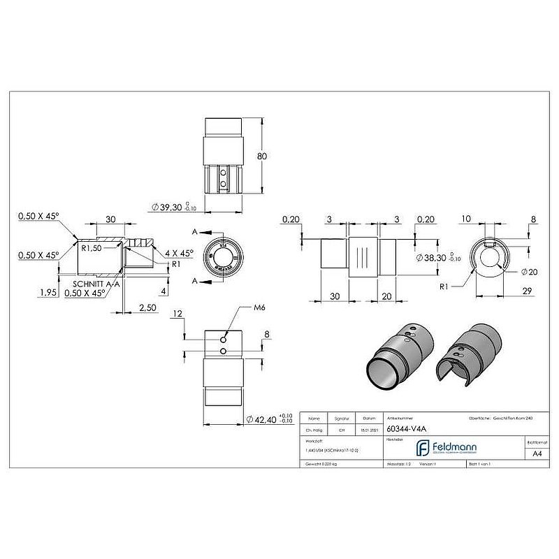 Verbinder für Nutrohr 42,4x1,5mm, V4A