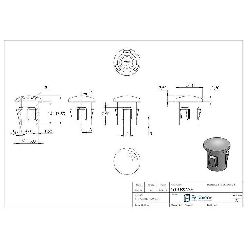 Rohrabschlussstopfen, für Rohr 16x1,0 - 2,0mm, V4A