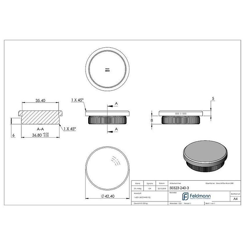 Rohrabschlussstopfen, für Rohr 42,4x3,0mm, V2A