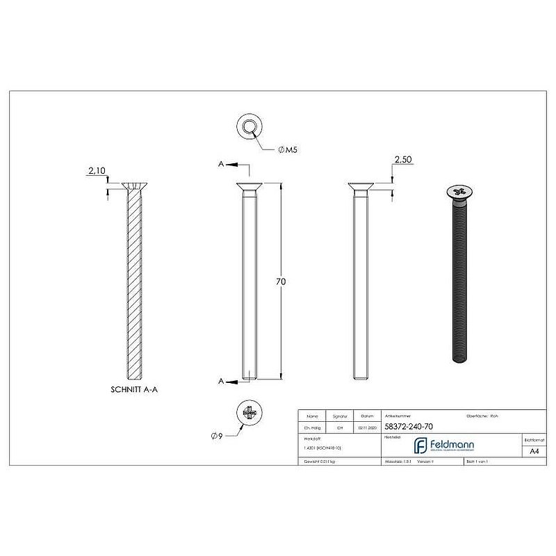 Countersunk head screw M5x70, AISI304 DIN 965