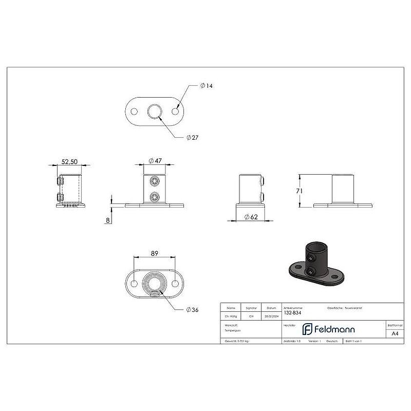 Support mural avec 2 trous de fixation, pour tube Ø 33,7mm