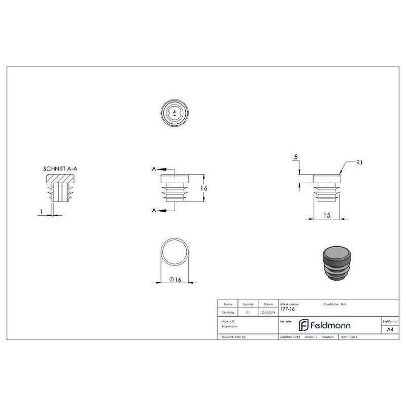 Bouchon plastique pour tube rond 16mm