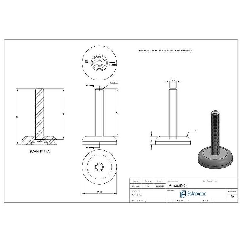 Pied réglable avec vis de compensation M8x50