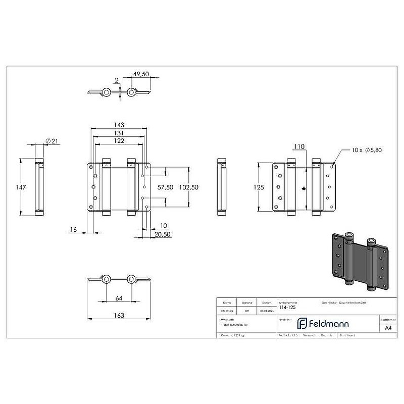 Screw-on swing door hinge, one pair, stainless steel AISI304