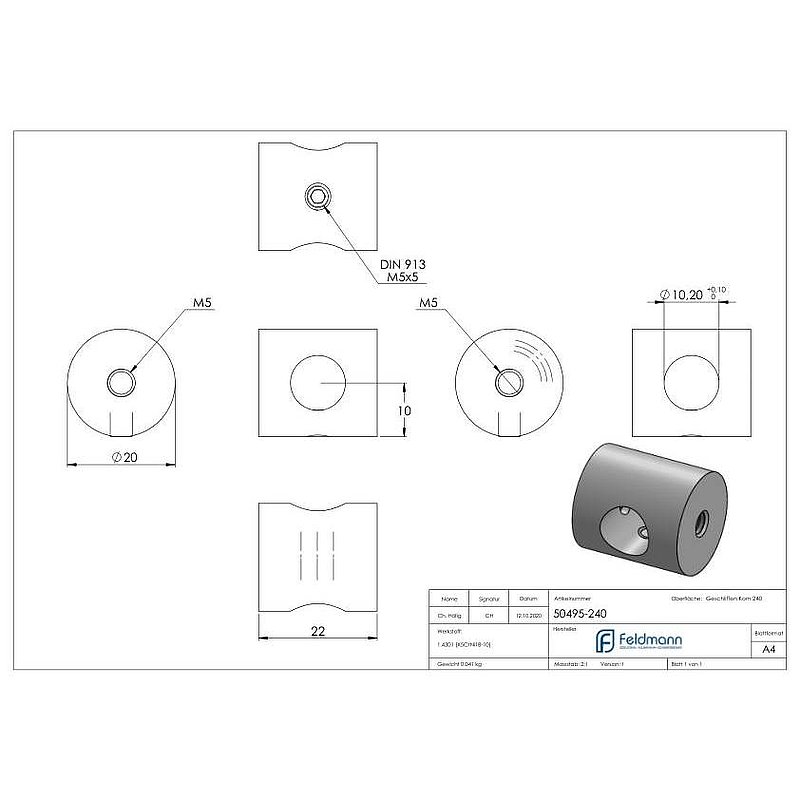 Querstabhalter (Montage zwischen zwei Flacheisen) mit 10,2mm Bohrung, V2A
