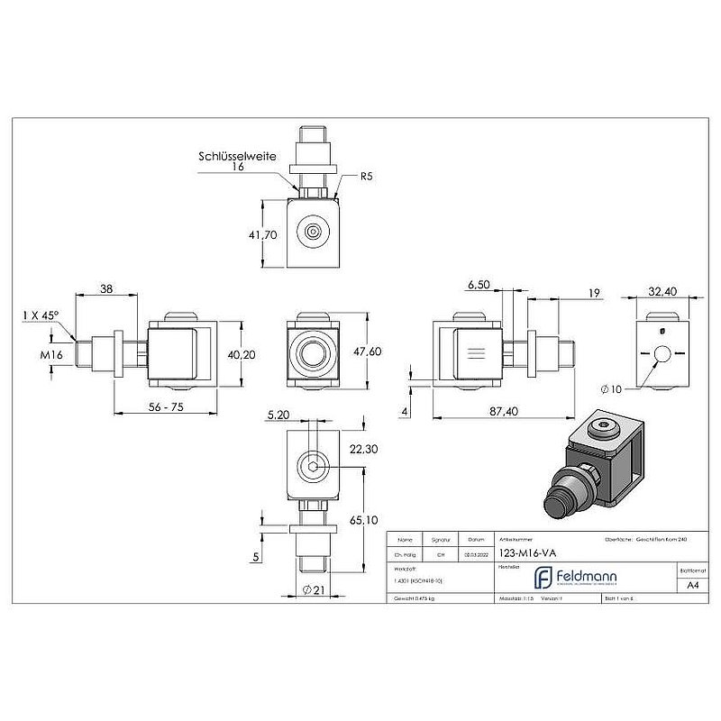 Adjustable hinge with threaded sleeve M16, AISI304
