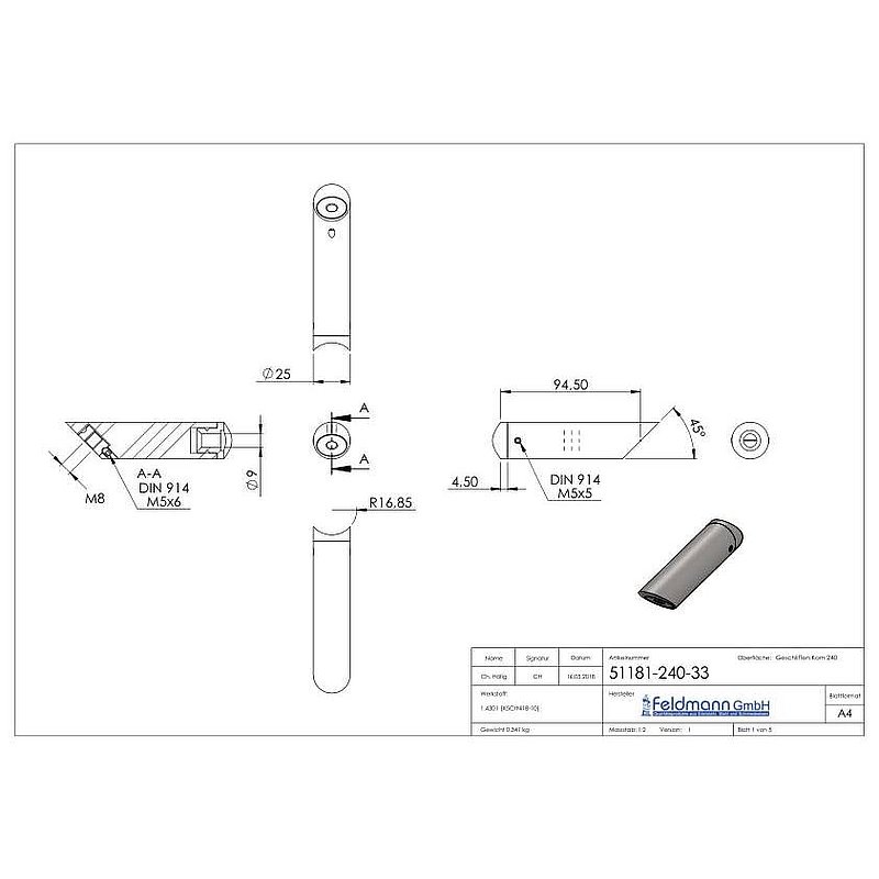 Angled tube spacer, for tube connection 33.7 mm, AISI304
