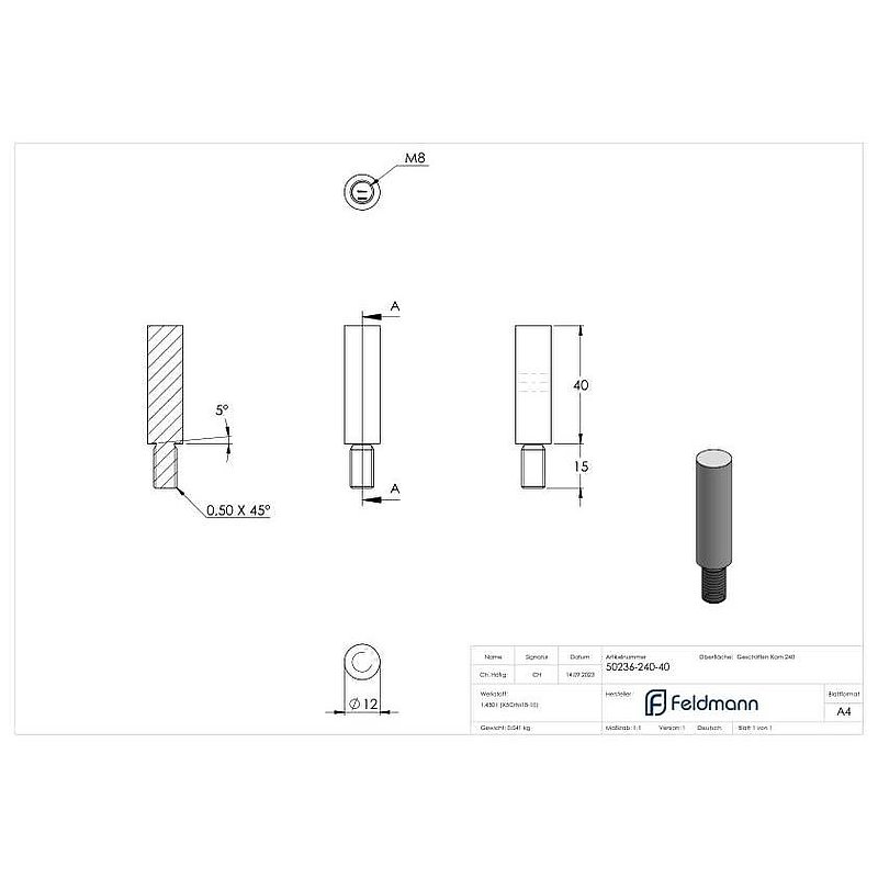 Stift Ø 12mm, L: 40mm, V2A