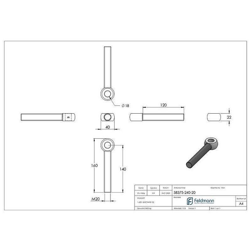 Vis à œil M20x140, V2A, DIN 444