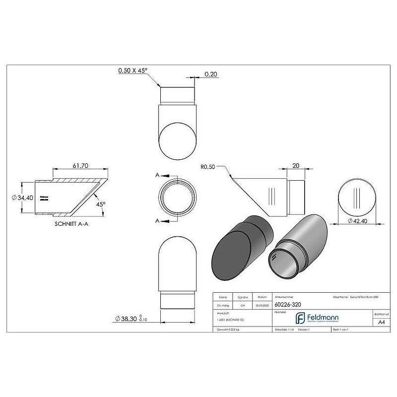 End bend 45°, for tube 42.4x2.0mm, AISI304