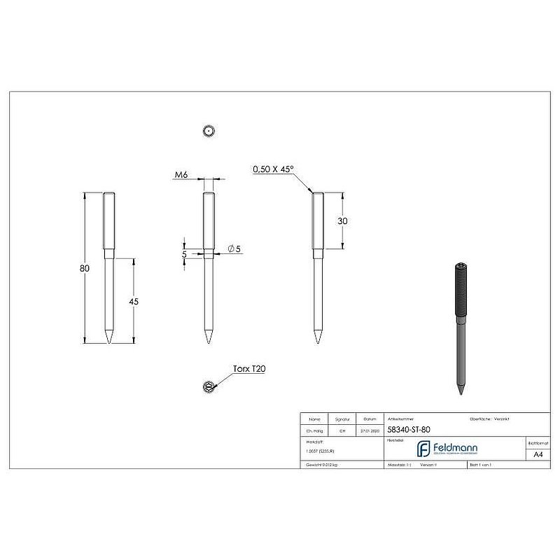 Hanger bolt M6x80mm, galvanised steel