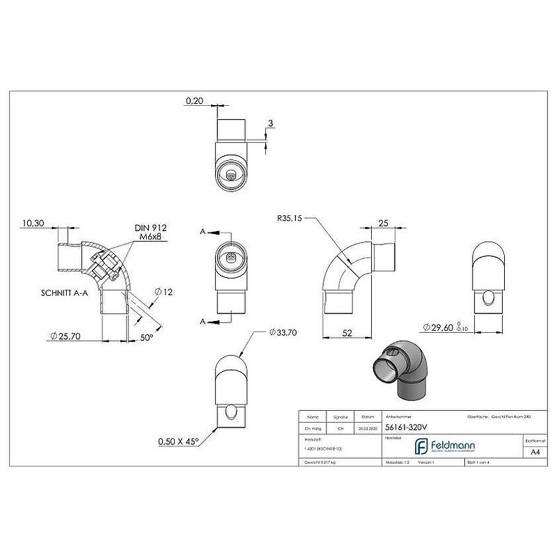 Tube bend 90°, adjustable, for tube 33.7x2.0mm, AISI304