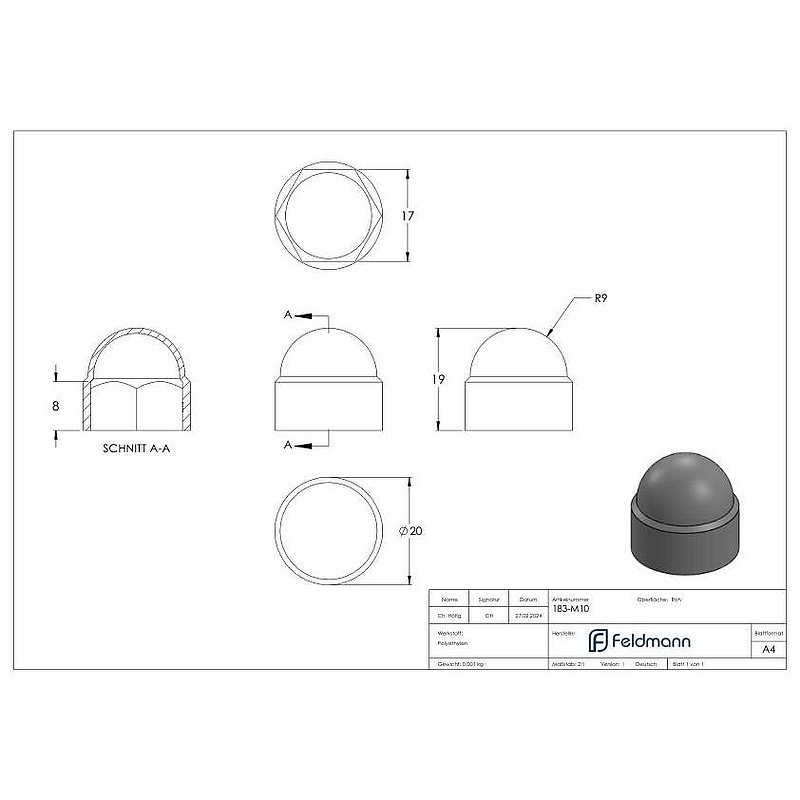 bouchon de protection hexagonal pour M10, noir