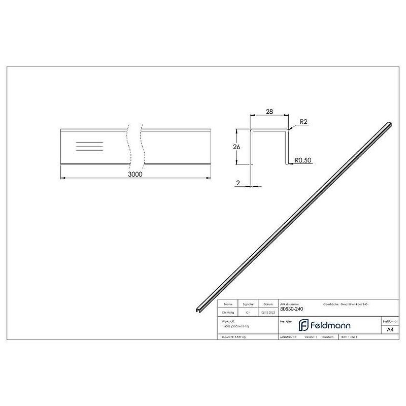 Stainless steel U-profile, 28x26x2mm, L: 3000mm, AISI304