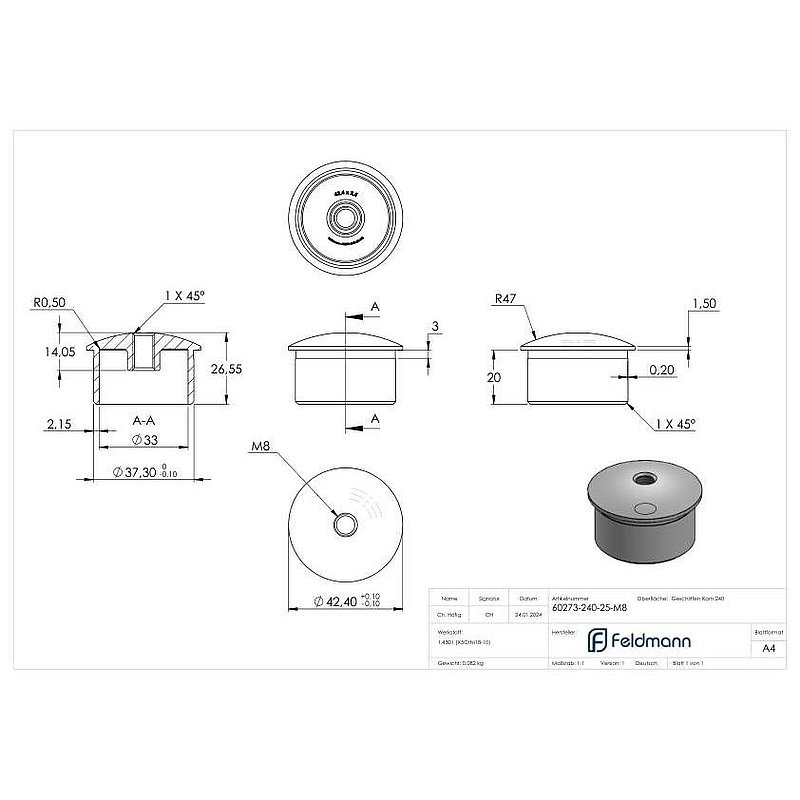 Bouchon pour extrémité de tube à coller avec M8, pour tube 42,4x2,5mm, V2A