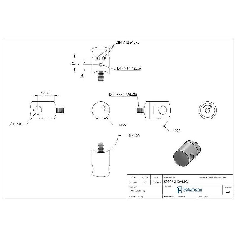 Cross bar holder for pushing 2 round bars, 10.2 mm hole, AISI304