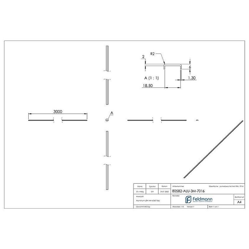 Kantenschutz EXTRA SLIM, für Glas 16,00 - 17,52mm, L: 3000mm, Aluminium RAL 7016