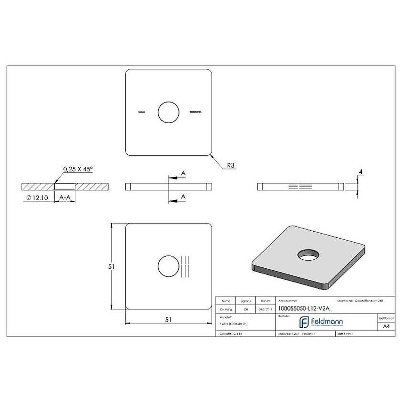 Push-in cap for square tube 50x50 with hole, AISI304