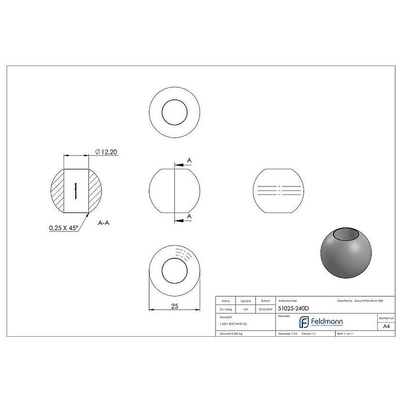 Vollkugel Ø 25mm mit Durchgangsbohrung 12,2mm, V2A