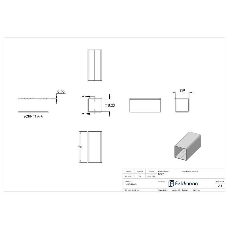 Ausgleichshülse von 8x8 auf 9x9mm, Länge 20mm, verzinkt