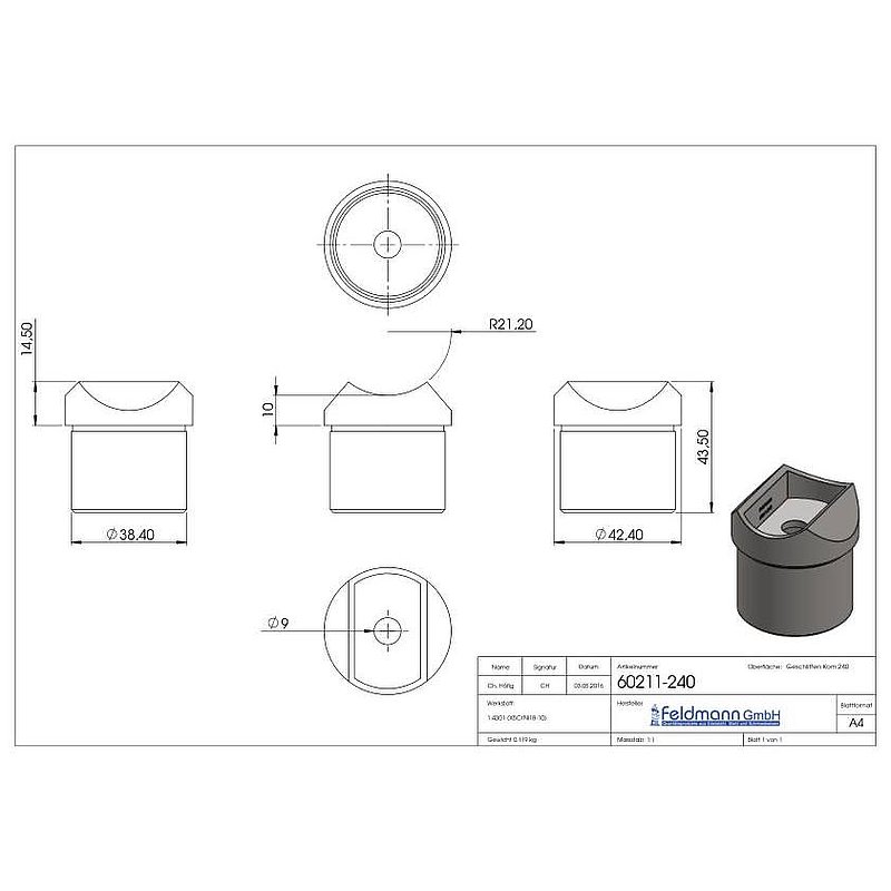 Tube saddle, top connection: tube 42.4 mm, AISI304