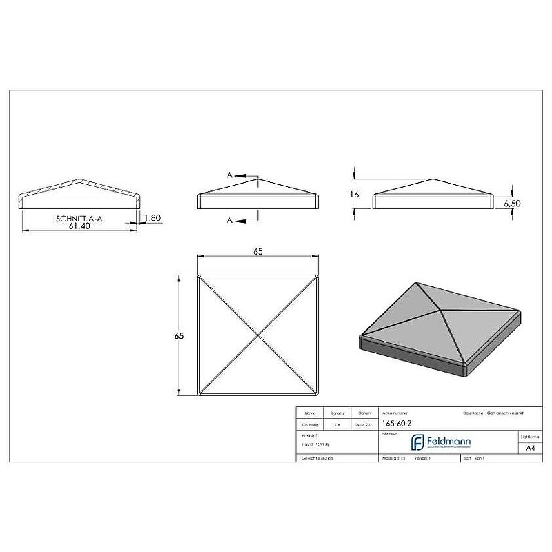Capuchon pour tube 60x60mm, acier zingué