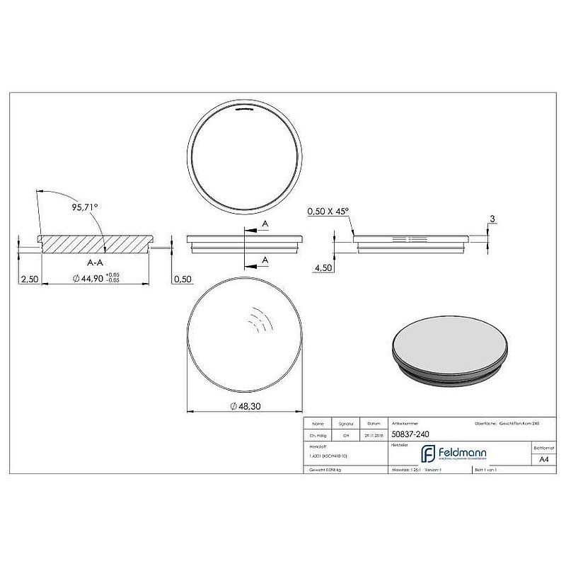 Rohrabschlussstopfen, für Rohr 48,3x2,0mm, V2A