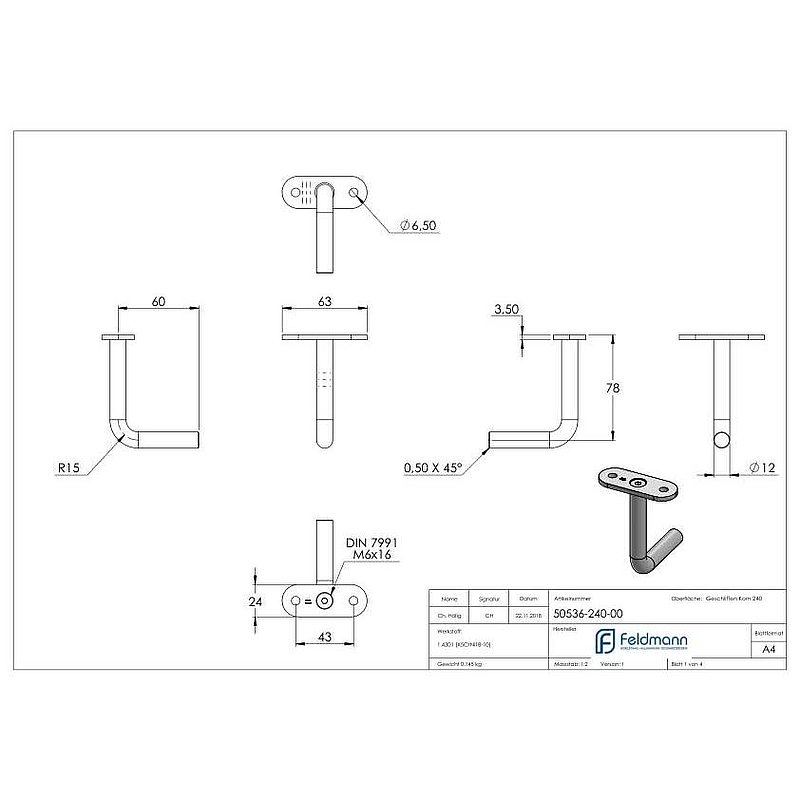 Bracket Ø 12mm with straight handrail connection plate, AISI304