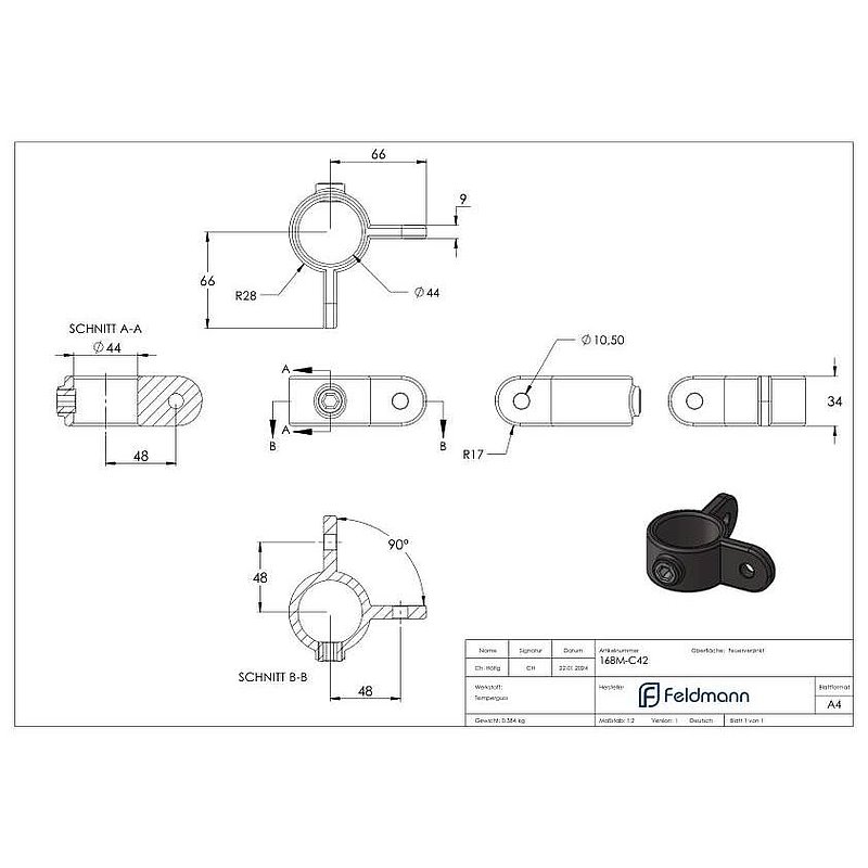 Halter mit 2 Laschen, 90°, für Rohr Ø 42,4mm