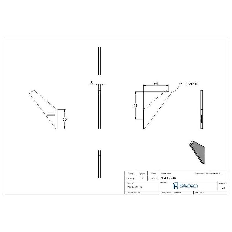 Support effilé pour main courante, 5mm d'épaisseur, V2A