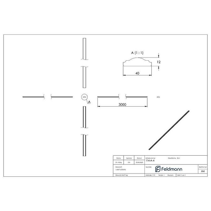 Handrail S235JR, 40x12mm, L: 3000mm