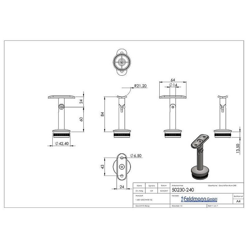 Rohrabschlussstopfen für Rohr 42,4x2,0mm, Handlaufanschlussplatte: 42,4mm, V2A