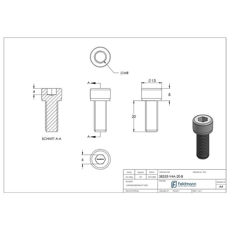 Vis à tête cylindrique M8x20, V4A, DIN 912