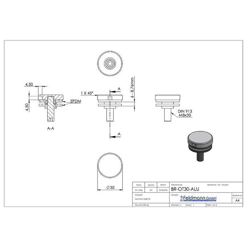 Point de fixation pour verre Ø 30mm, adapté pour les supports Brenk, ALU