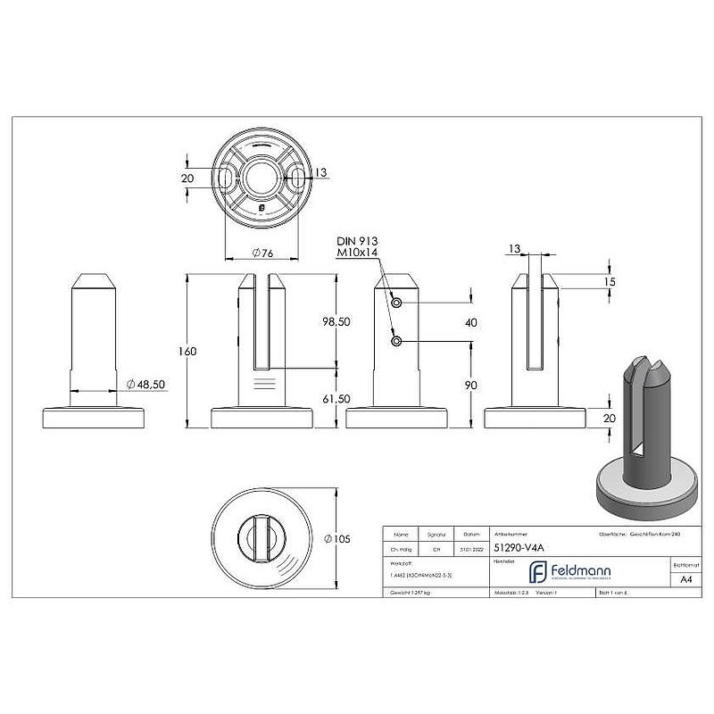 Floor glass holder round, for glass 12 - 12.76mm, AISI316