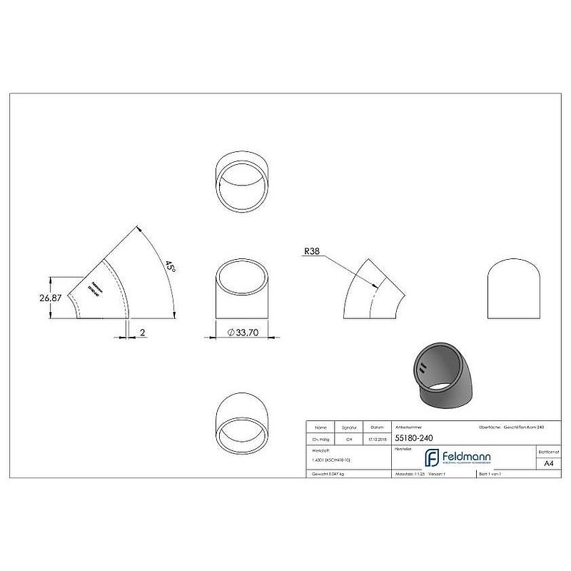 Schweißbogen 45°, 33,7x2,0mm, V2A
